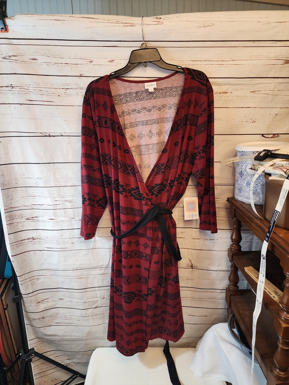 LuLaRoe Rust Red Aztec Print Midi Dress with Black Belt